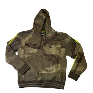Y2K Tapout mens L Large green camouflage full zip fleece hoodie EUC